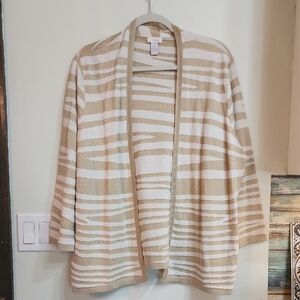 Chicos Tan  and White With Gold Fleck Striped Cardigan Sweater